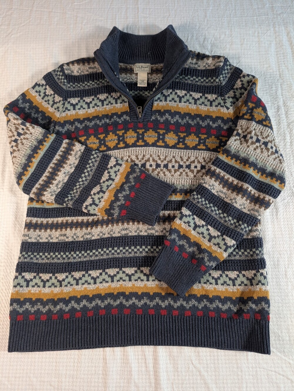 L.L. Bean Navy Fair Isle Zip-Neck Sweater with Mustard & Red Accents Large - Picture 2 of 7